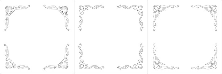 Set of three vector frames. Elegant black and white monochrome ornamental border for greeting cards, banners, invitations. Vector frame for all sizes and formats. Isolated vector illustration.
