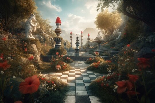 Illustration of a labyrinthine garden with chess, a golden flamingo, red-flowered trees, and clouds above. Alice in Wonderland theme. Generative AI