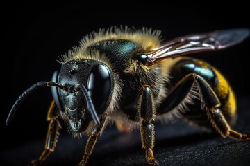 Close up of a Bee Standing on a Black Surface, Black Background, Macro Photography. Generative AI