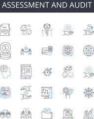 Assessment and audit line icons collection. Analysis and evaluation, Appraisal and inspection, Review and examination, Check and verification, Scrutiny and examination, Appraise and Generative AI