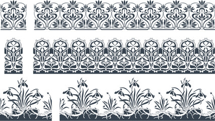 set/collection of three seamlessly tiling elegant floral art nouveau borders, classic vector design elements - 596459176