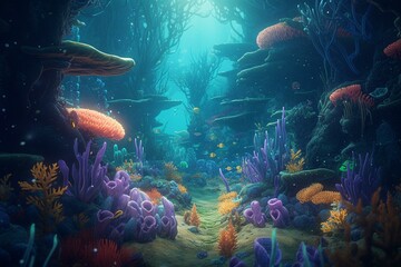 Naklejka na ściany i meble Whimsical cartoon illustration of an unknown underwater world. Perfect for wallpaper, story backgrounds and card designs. Generative AI