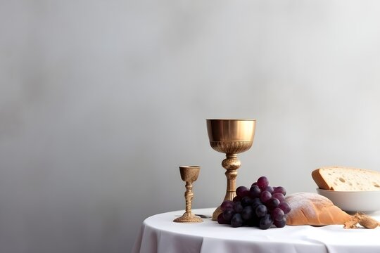 Background of wine chalice and bread. Wallpaper illustration. Front View with copy space for text information or content. Concept of Corpus Christi Celebration, Catholicism. Generative AI.
