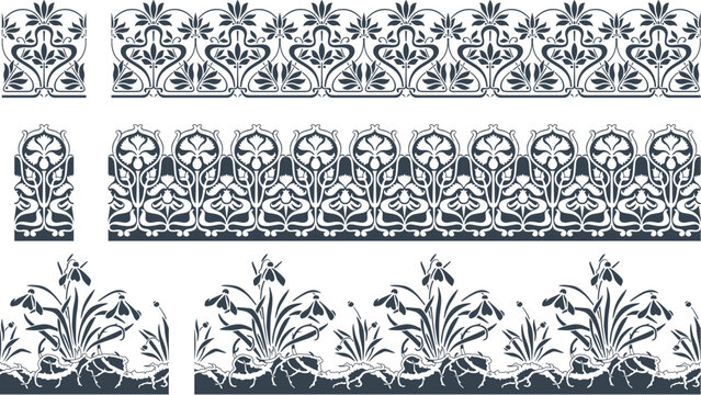 set/collection of three seamlessly tiling elegant floral art nouveau borders, classic vector design elements