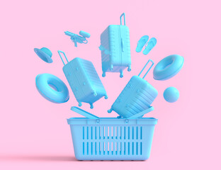 Colorful luggage with beach accessories in shopping basket on monochrome