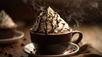 A steaming cup of mocha with whipped cream