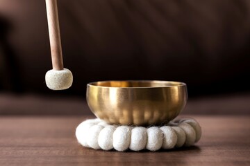 A close up of a mallet about to hit a Tibetan singing bowl or himalayan bowl to produce a relaxing sound for meditation, relaxation and to relieve stress. It is an alternative medicine.