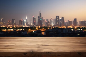 Fototapeta premium wooden table on blurry city at night, generative AI