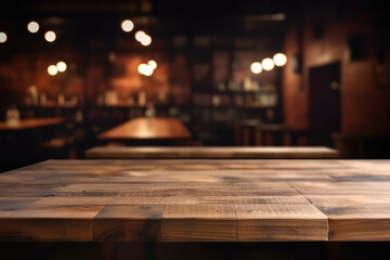 wooden table with blurry restaurant background, generative AI