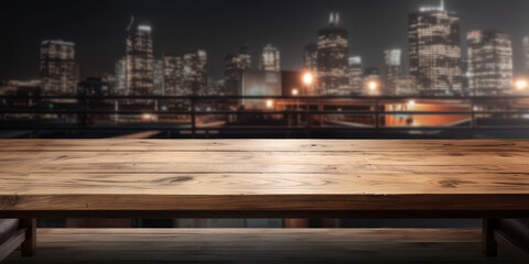 Fototapeta na wymiar wooden table on blurry city at night, generative AI