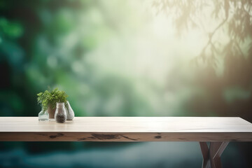 wooden table with blurry natural green forest and blue sky on the background, generative AI