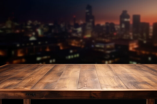 Wooden Table On Blurry City At Night, Generative AI