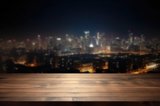 Wooden Table On Blurry City At Night, Generative AI