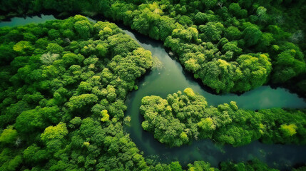 An Aerial Perspective of Verdant Jungle River - obrazy, fototapety, plakaty