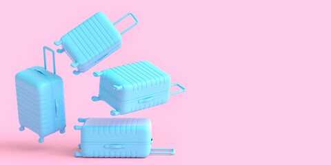 Colorful suitcase flying on monochrome background. 3D render of summer vacation