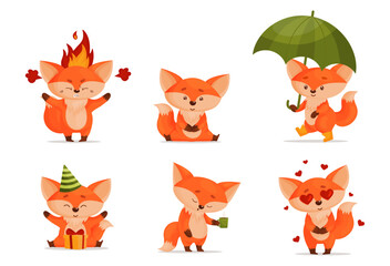 Obraz premium Set of baby foxes with different emotions, love, anger, sleepy.. Drawn in cartoon style. Vector illustration for designs, prints and patterns. Isolated on white background