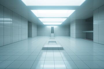an empty minimalist room with white tile floors and walls. Generative AI