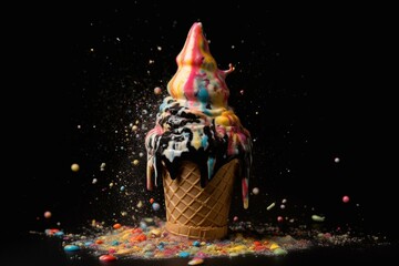 Colorful ice cream cone, sprinkles, black backdrop, abstract paint splashes on cone and ice cream. Generative AI
