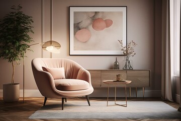 Living room interior with poster mock up, beige wall, pastel armchair, lamp, and plant. 3D rendering. Generative AI