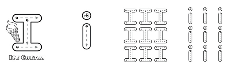 Letter I trace uppercase and lowercase ABC alphabet worksheet for kids English vocabulary. Handwriting tracing practice vector illustration © YoPixArt
