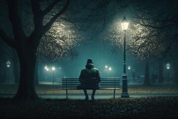 A lonely man sitting in the park at night, light mist, trees, dark, lamp post, cinematic