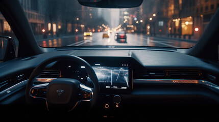 Autonomous car with HUD (Head Up Display). Self-driving vehicle on city street