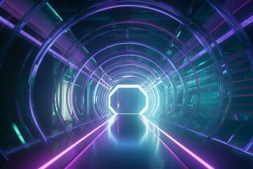 Futuristic tunnel illuminated by neon lights in shades of blue, purple and green. Created in 3D. Generative AI