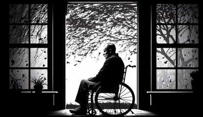 Fototapeta na wymiar Silhouette A man sits in a wheelchair. Nursing home. Depression, loneliness. Black and white photo. Generative AI