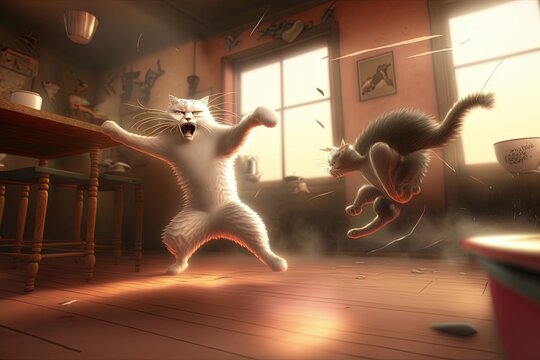 An action scene of catjitsu, two anthropomorphic cats fighting in a Japanese atmosphere