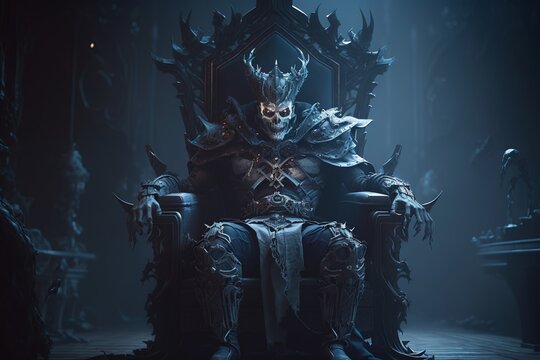An eerie dark fantasy throne room with a dark lich lord siting at the center, facing the undead legion
