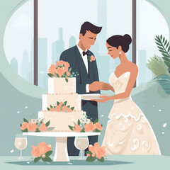 Groom and Bride Beside Wedding Cake
