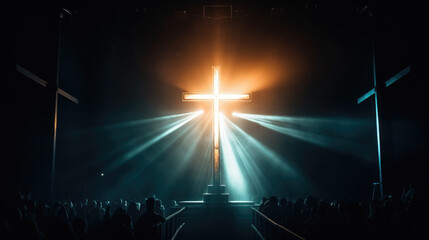 Christian Rock Concert Epic Illuminated Cross on Stage, AI Generative