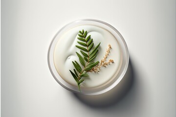 Natural face cream in a petri dish on a white table and plant branches, top down - obrazy, fototapety, plakaty