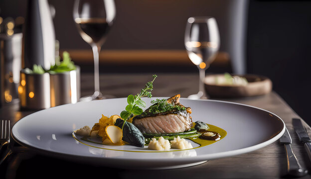 Dinner at the restaurant. Meat dish. Wine. Copy space. Generative AI