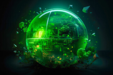 Obraz premium A green sphere and different ecology theme icons around it, in the style of environmental awareness. Generative AI