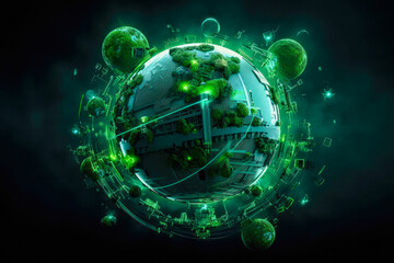 A green sphere and different ecology theme icons around it, in the style of environmental awareness. Generative AI