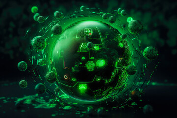 Obraz premium A green sphere and different ecology theme icons around it, in the style of environmental awareness. Generative AI