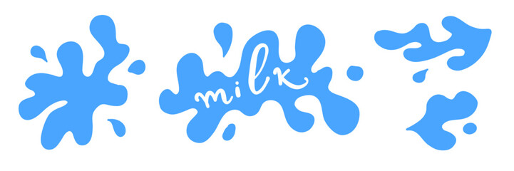 Set flat blue milk splash and blot with text Milk. Isolated vector shapes on white background for logo, icon, product desig, advertising, baby t-shirt print