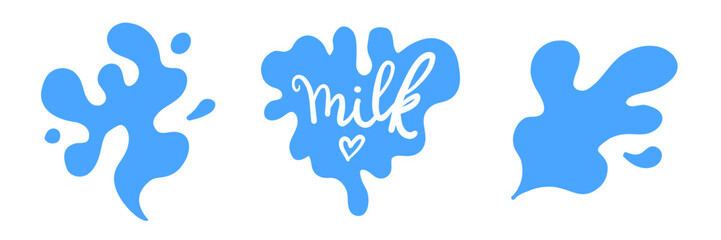 Fototapeta premium Set flat blue milk splash and blot with text Milk. Isolated vector shapes on white background for logo, icon, product desig, advertising, baby t-shirt print