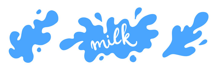 Set flat blue milk splash and blot with text Milk. Isolated vector shapes on white background for logo, icon, product desig, advertising, baby t-shirt print