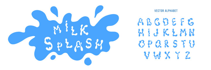 Flat blue milk splash and blot alphabet isolated on white background. Vector illustration for logo, icon, product desig, advertising, baby t-shirt print