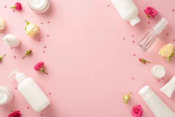 Natural pink skincare concept. Top view flat lay of pump bottle, pipette, cream bottles and tubes with pink flowers on pastel pink background with empty space for text or branding