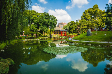 Fototapeta na wymiar Japanese Garden Greenery and Lake in Buenos Aires Argentina