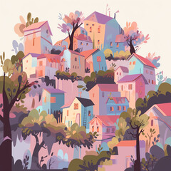 Whimsical Pastel Cartoon Village with Cute Houses on Hillside - Illustration