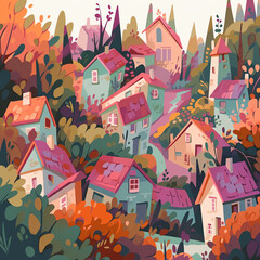 Colorful Cartoony Village: Quaint Houses on a Painterly Hill with Trees and Bushes