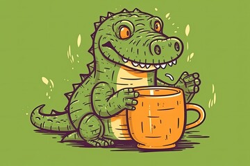 an anthropomorphic alligator holding a cup of coffee with a smile on its face. Generative AI - obrazy, fototapety, plakaty