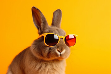Fluffy rabbit with funny sunglasses on yellow background isolated. Cute animal pet with glasses concept. Ai generated