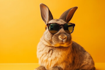 Fluffy rabbit with funny sunglasses on yellow background isolated. Cute animal pet with glasses concept. Ai generated