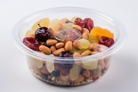 clear plastic container filled with a healthy mix of fruits and nuts. Generative AI