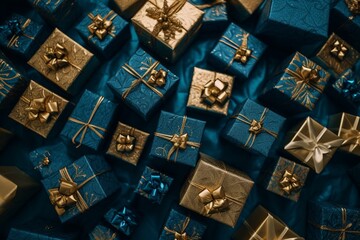 Trendy blue and gold Christmas pattern of neatly arranged gifts for wallpaper or background. Generative AI